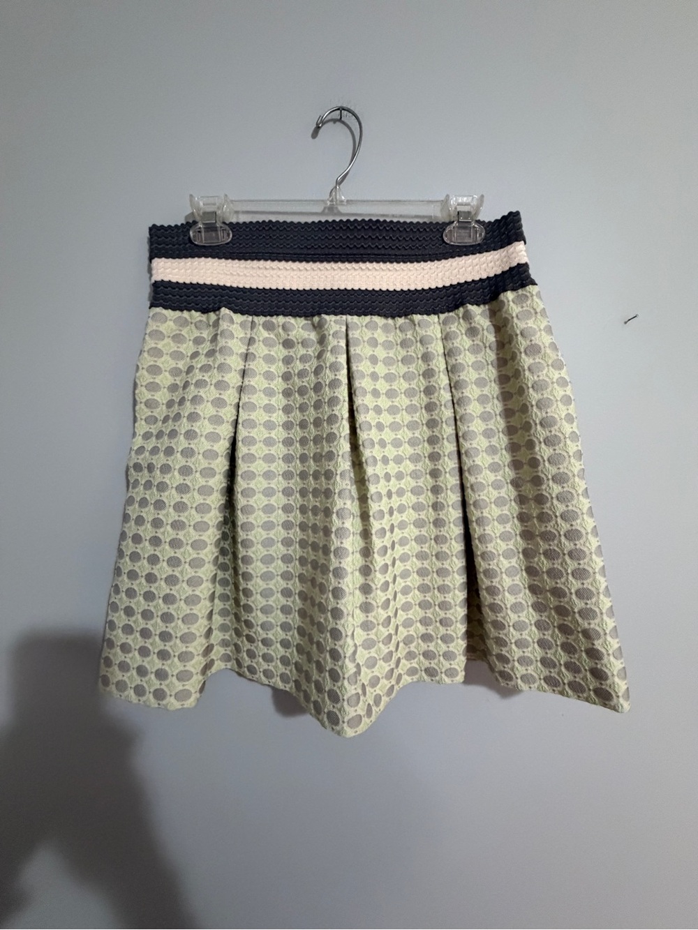 Anthropologie Maeve Light Green Polka Dot Mini Skirt with Navy & Cream Waistband